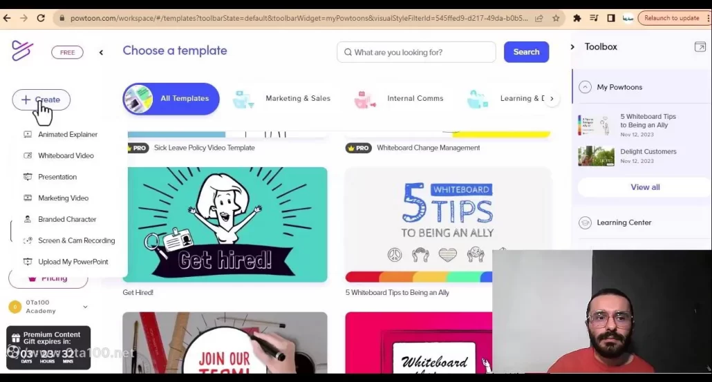 برای شروع ادیت در سایت powtoon، ابتدا روی گزینه create بزنید