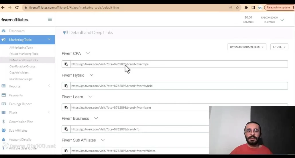 در قسمت مارکتینگ تولز، روی تب default and deep links بزنید