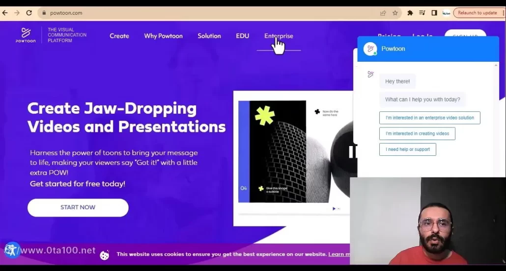 صفحه اصلی وب سایت powtoon برای شروع ادیت های ویدئویی بدون داشتن تخصص خاصی