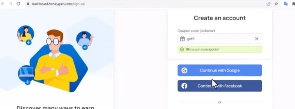 اموزش برنامه honeygain، پس از ثبت نام و لاگین در هانی گین، 5 دلار به حساب شما اضافه خواهد شد.