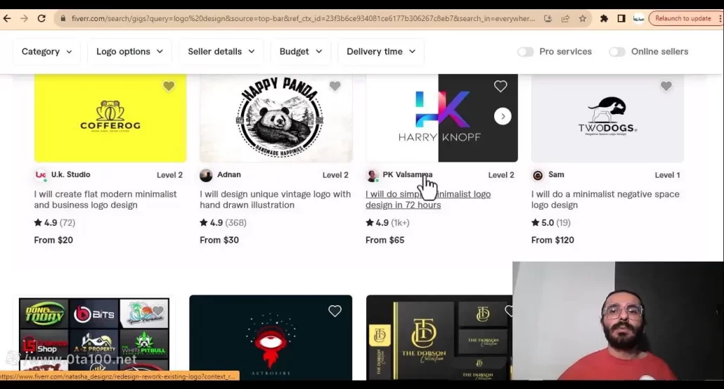 بعد از ورود به سایت فایور و سرچ کردن logo design، طرح های متنوعی برای شما باز می شود