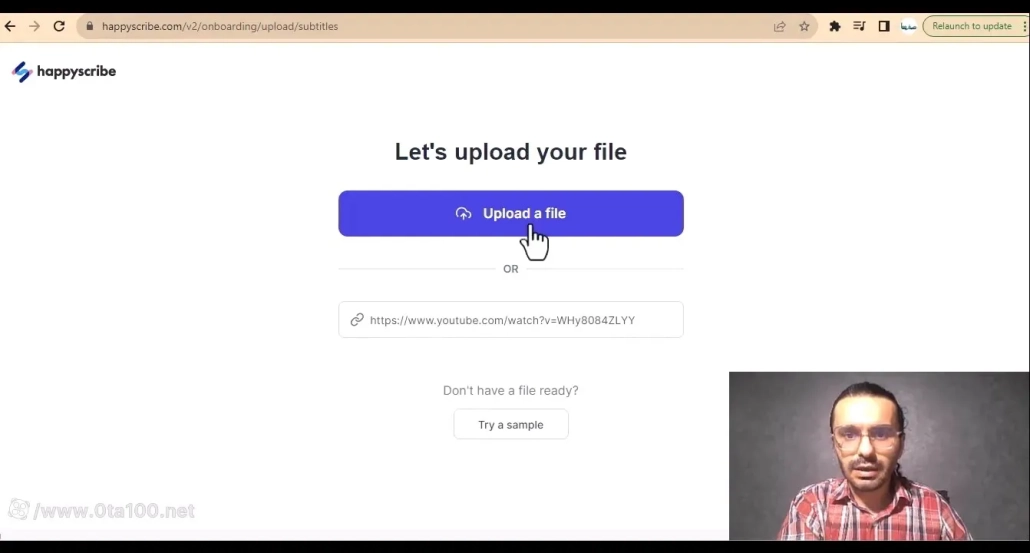 بعد از ثبت نام در سایت happyscribe، فایل خود را می‌توانید آپلود کنید.